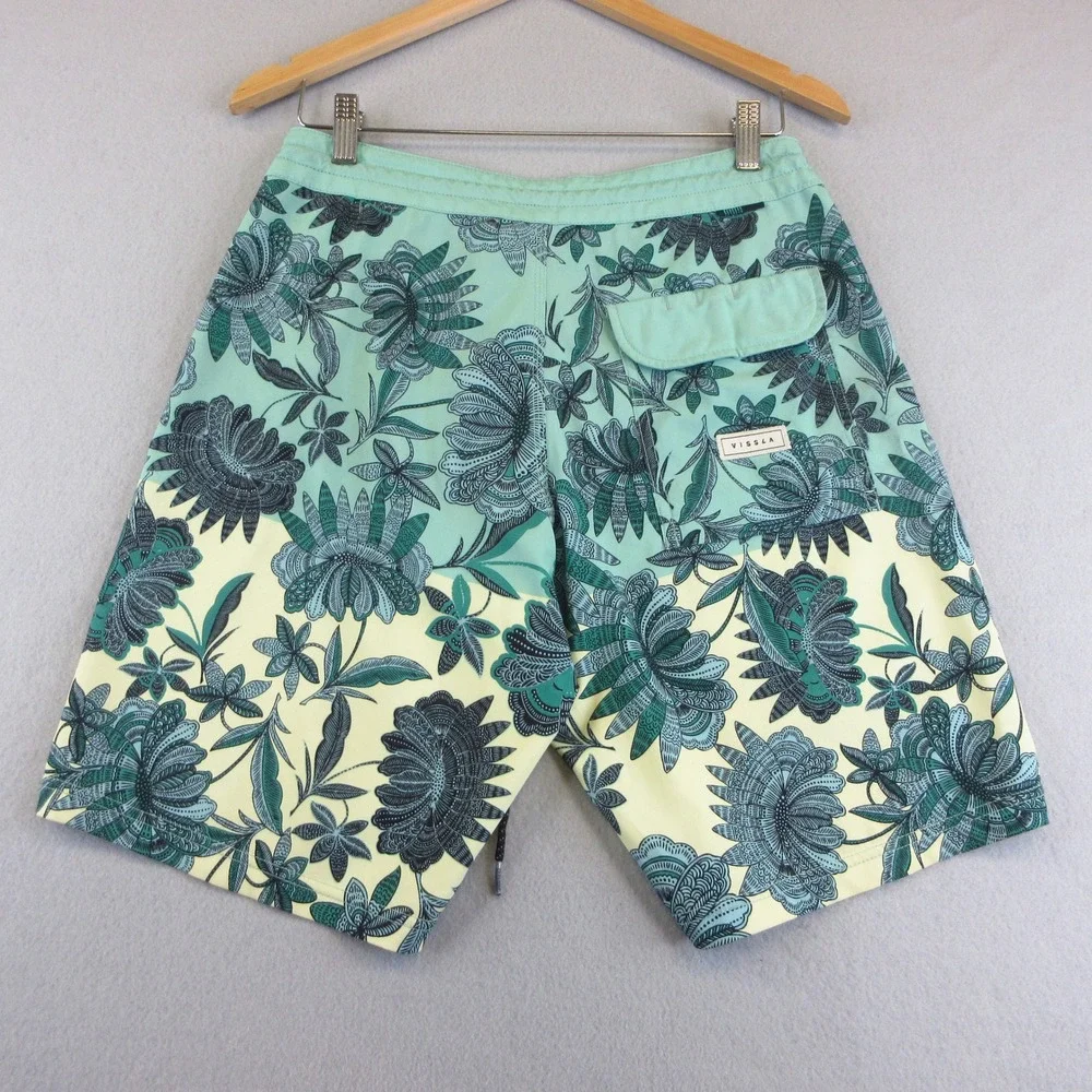 Vissla Board Shorts Mens 29 Teal Cream Floral Coconut Poly Stretch Surf Swim